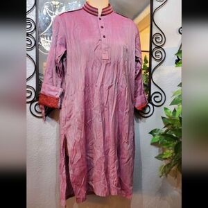 Vintage Elegant Kurta Mahal Pink Purple Striped Dress Tunic Top / 1 Pocket